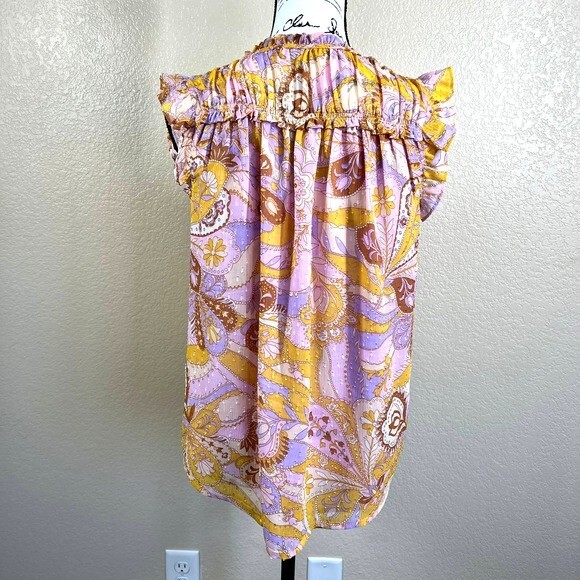 Maison d' Amelie yellow blouse purple paisley print top flutter sleeve size S - Picture 2 of 15